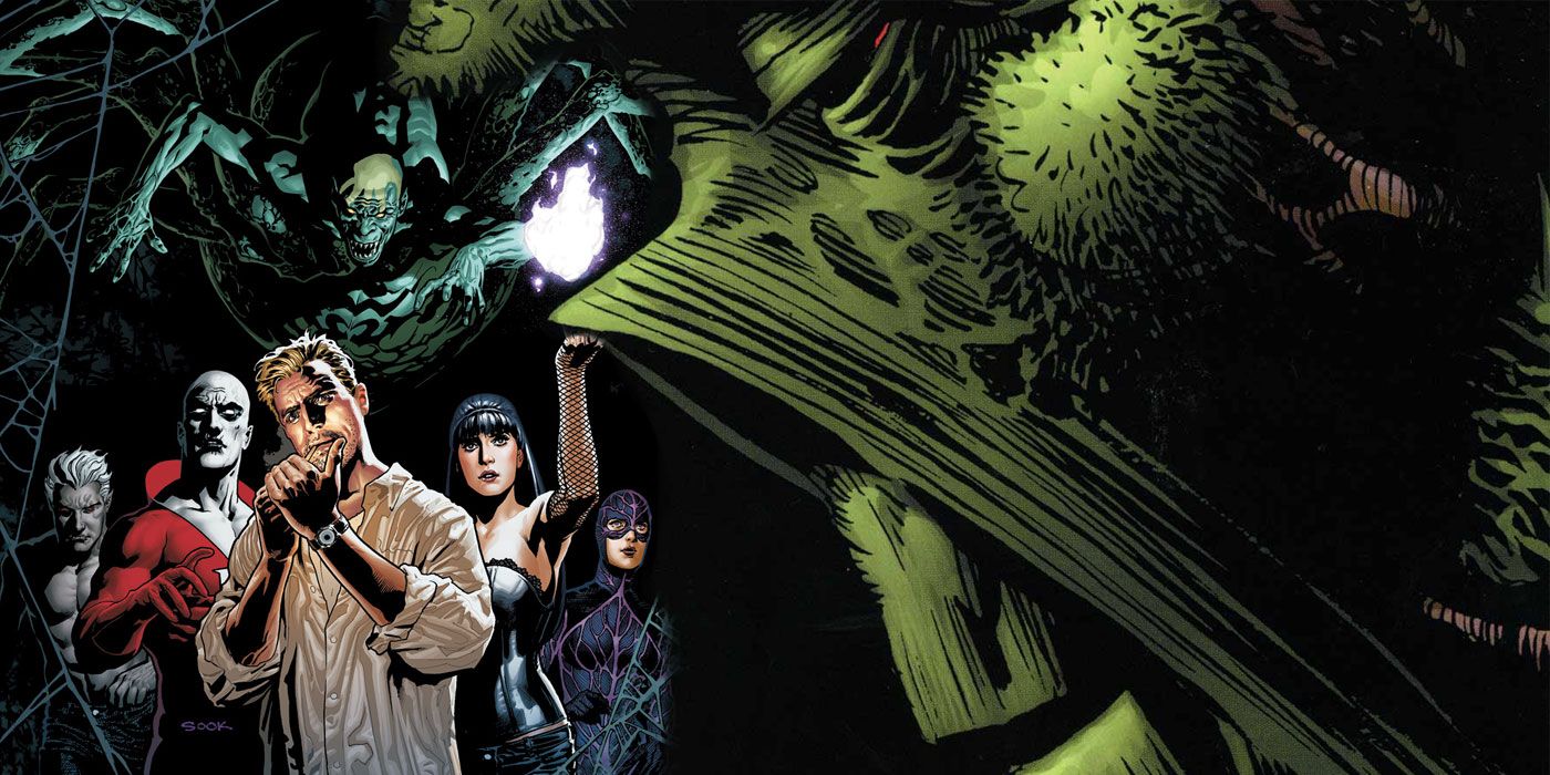 Imagem misturada de Liga da Justiça Sombria e Monstro do Pântano da DC Comics.