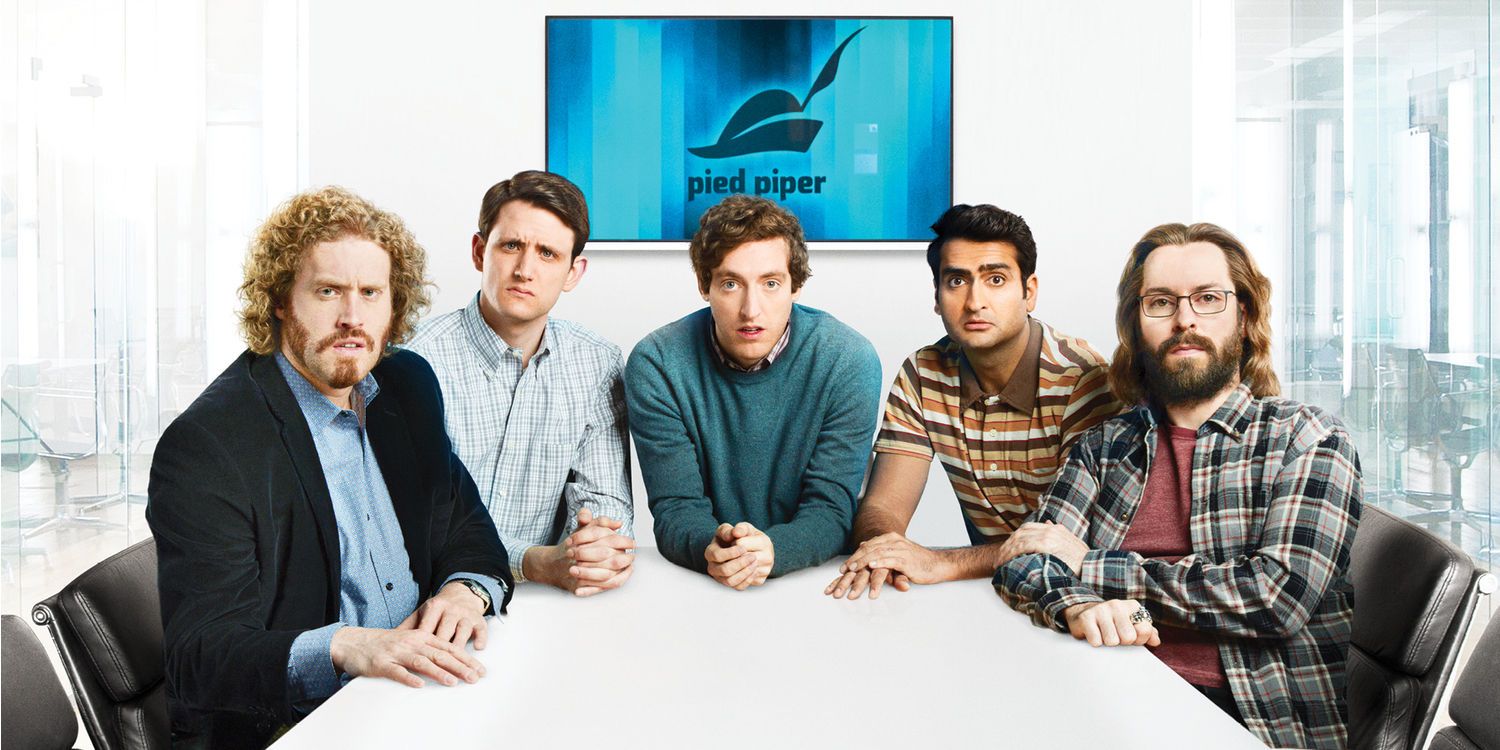 The main cast of Silicon Valley looking at the camera