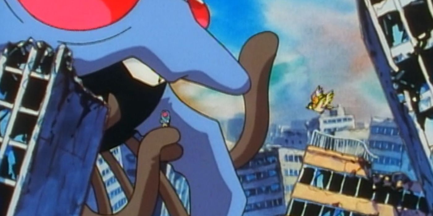 A giant Tentacruel destroys a city in the Pokémon anime