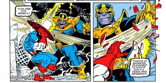 Thanos destroys Captain America's shield in The Infinity Gauntlet