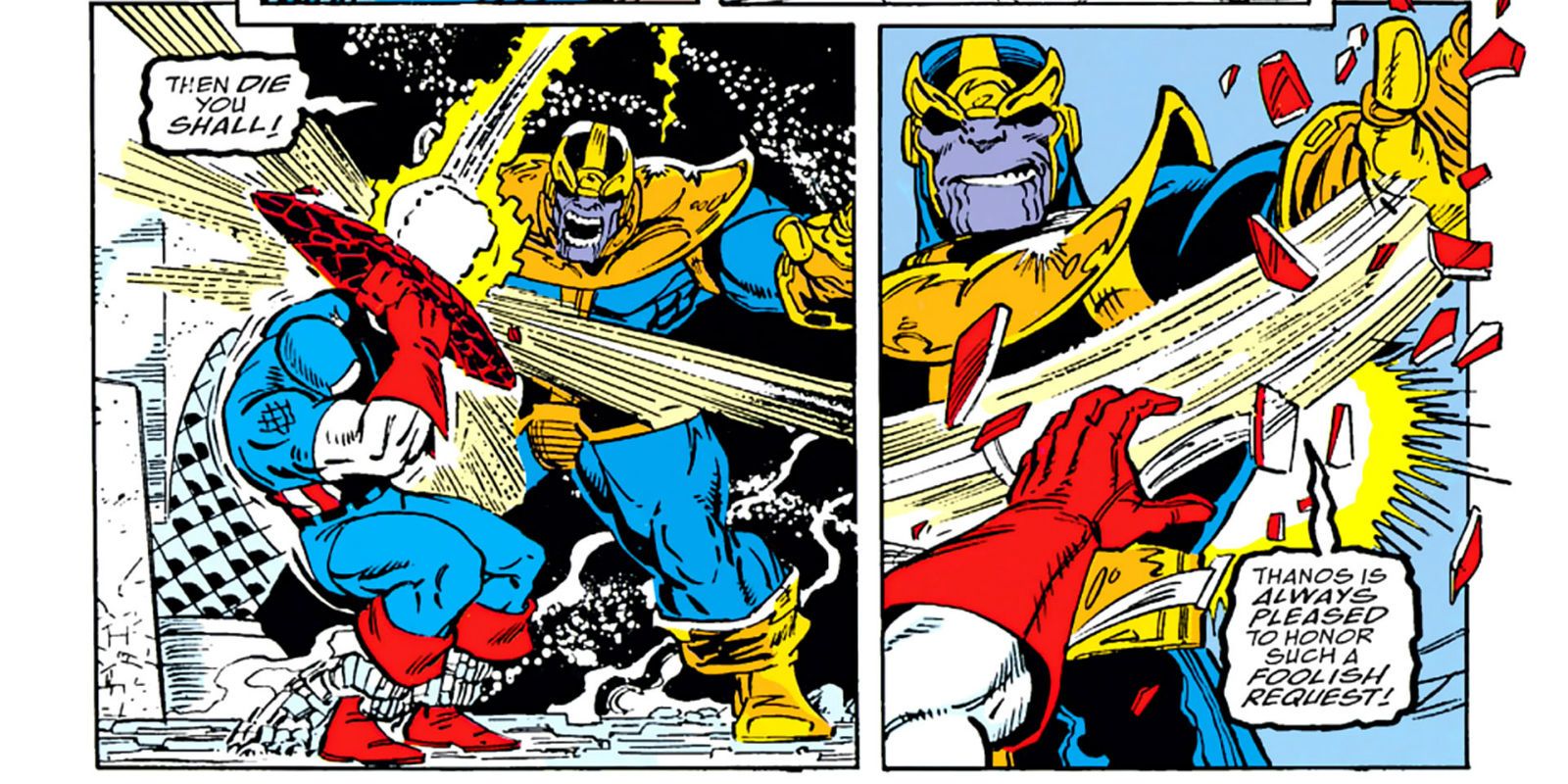 Thanos destroys Captain America's shield in The Infinity Gauntlet comics.