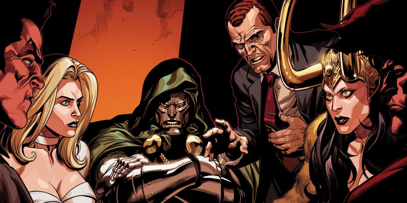 The Cabal from Marvel Comics, including Loki, Doom, Norman Osborn, and Emma Frost.