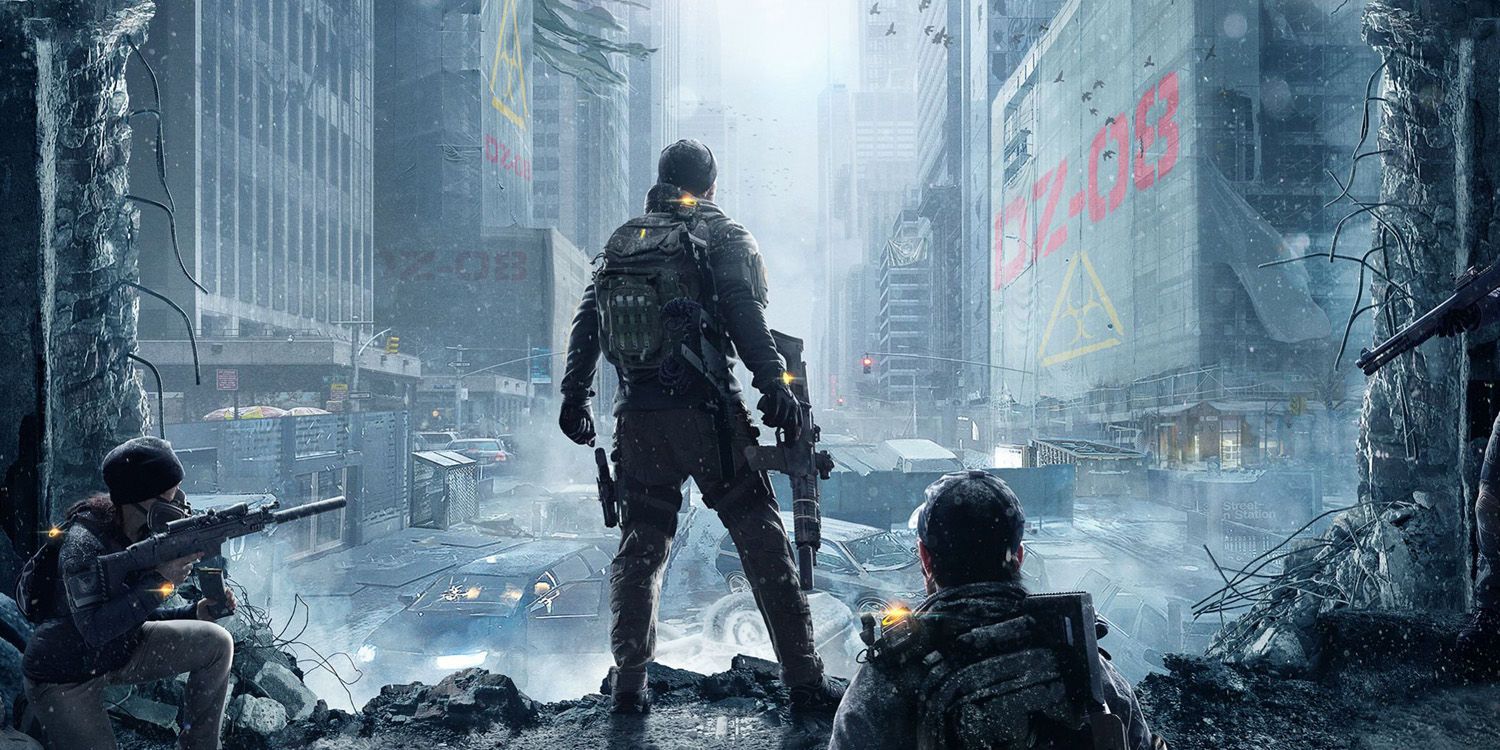 A screenshot of soldiers looking out into the city in The Division