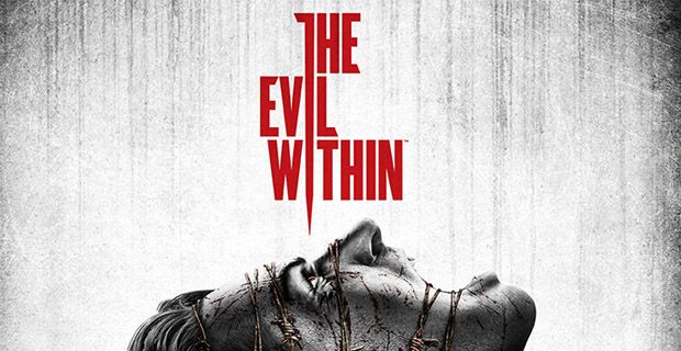 The Evil Within's key art, featuring the game's title and a screaming, bloody face wrapped in barbed wire.