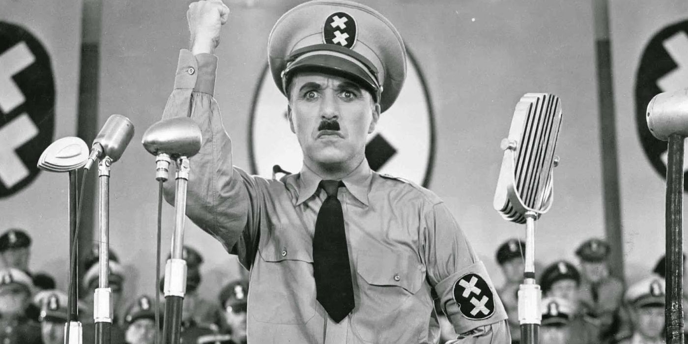 Chaplin delivers a speech as a fascist dictator in The Great Dictator 