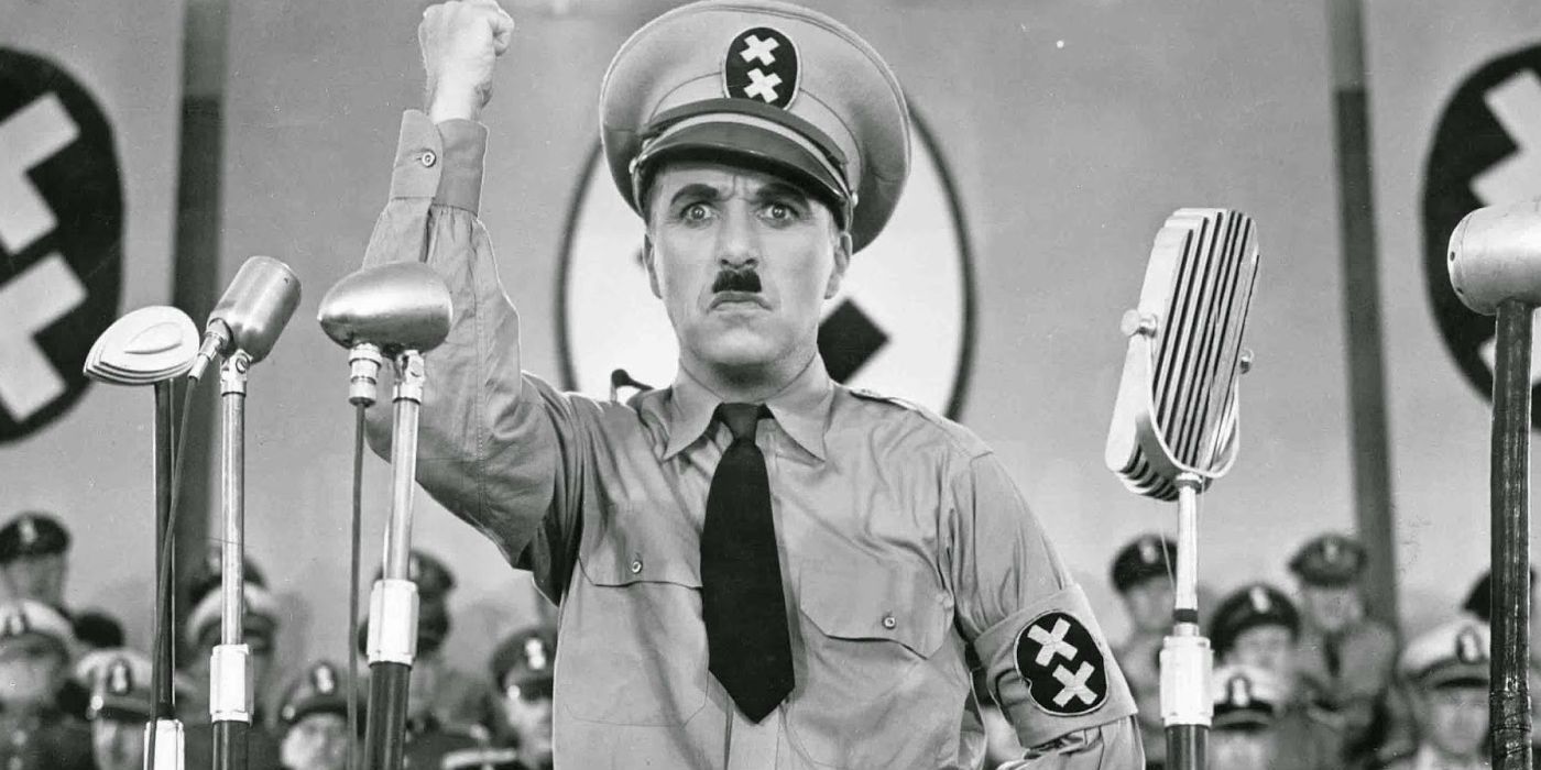 Chaplin gives a speech as a fascist dictator in The Great Dictator 