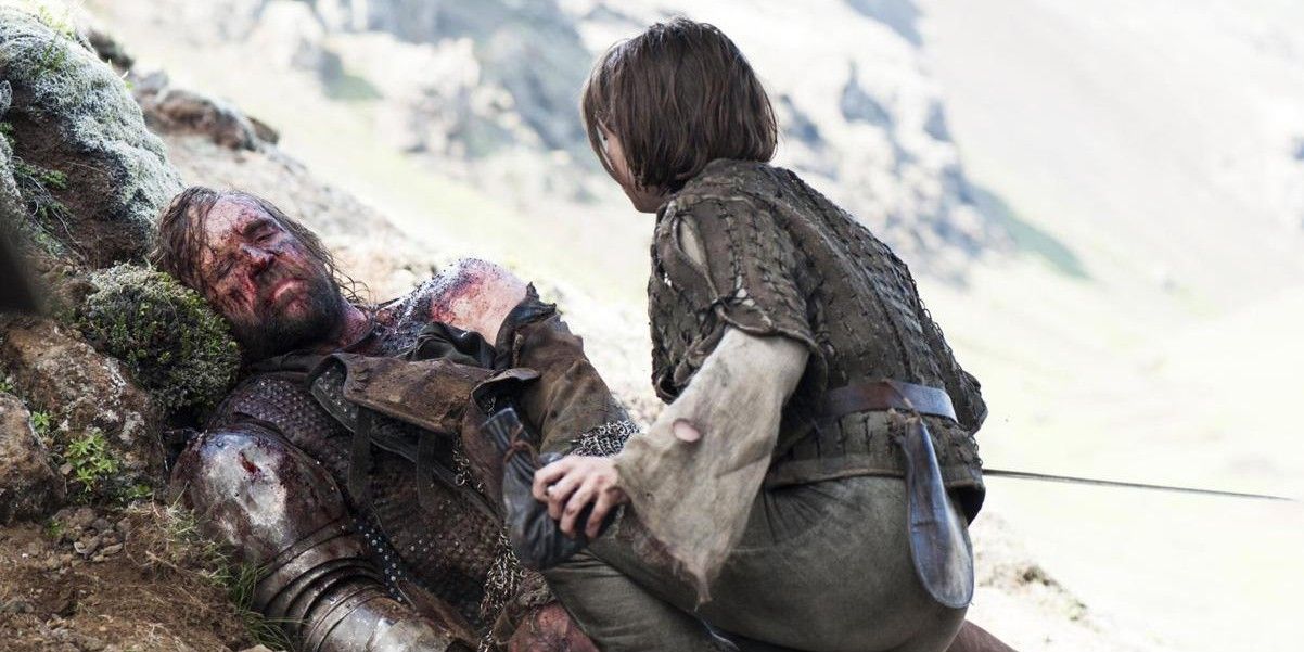 Arya kneeling over a wounded Hound in Game of Thrones