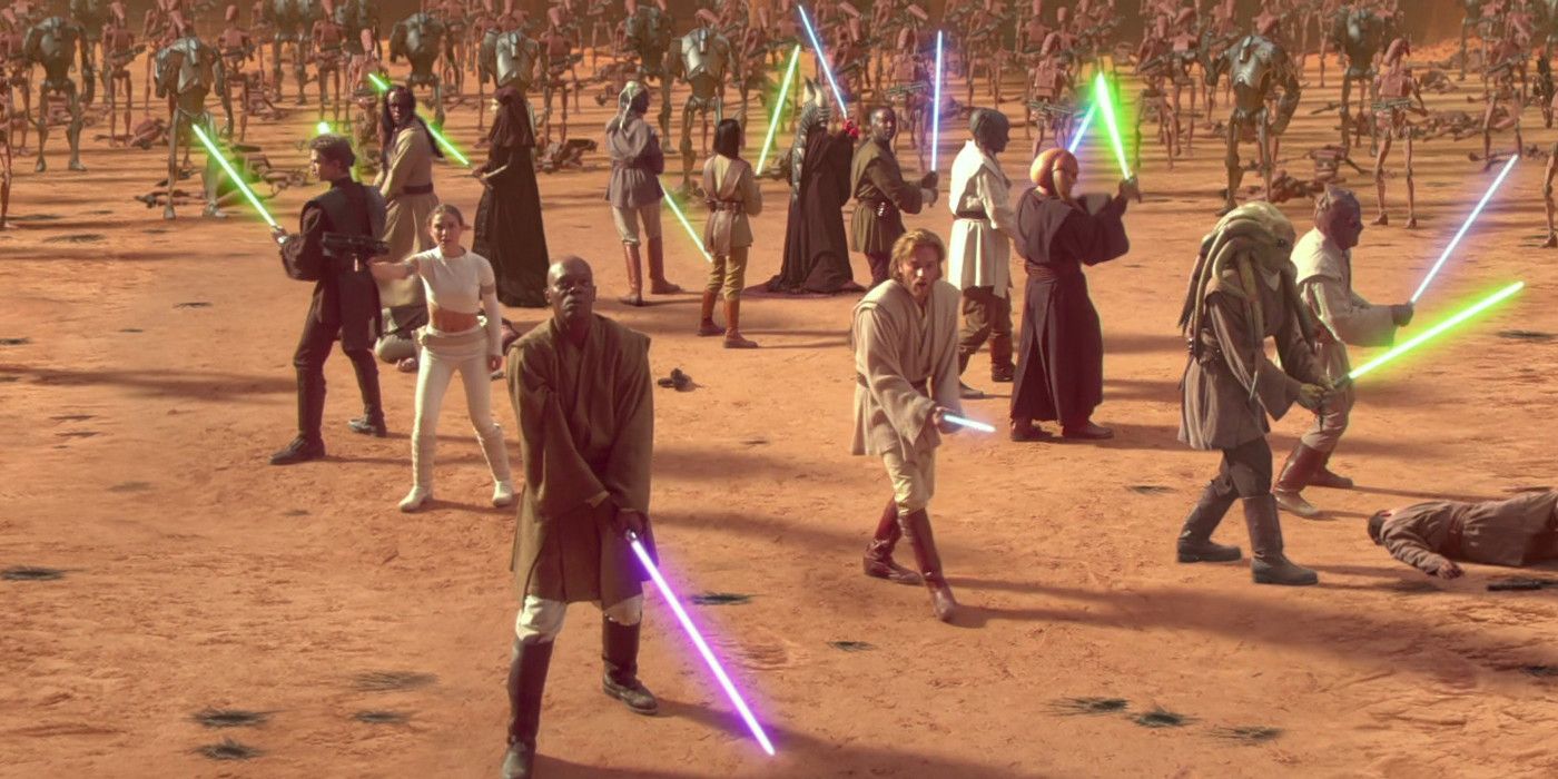 Jedi standing together wielding their lightsabers during the Battle of Geonosis 