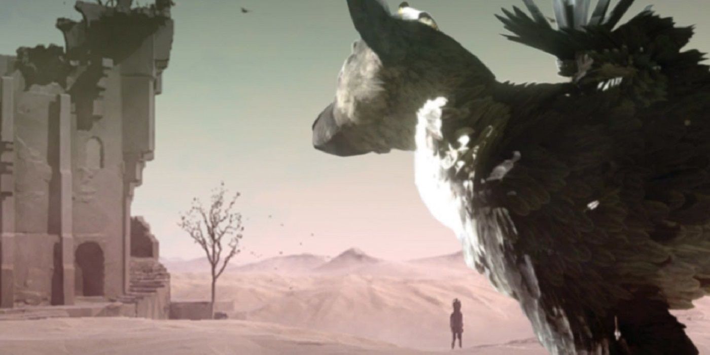 The Last Guardian, Trico looking out at ruins in the sand