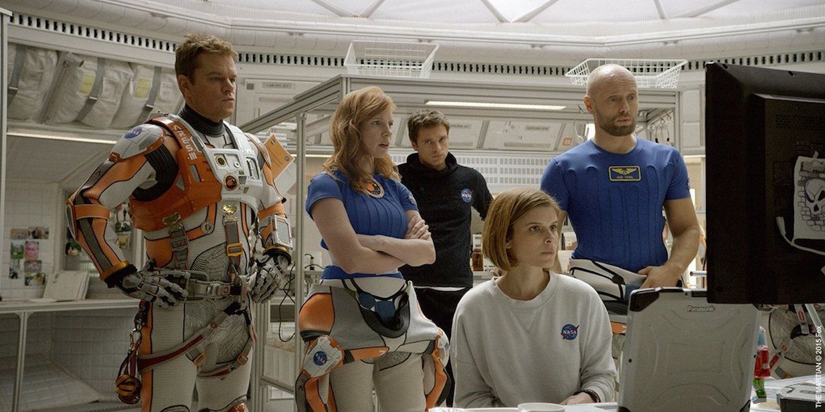 Jessica Chastain, Sebastian Stan, Kate Mara, and Aksel Hennie in The Martian