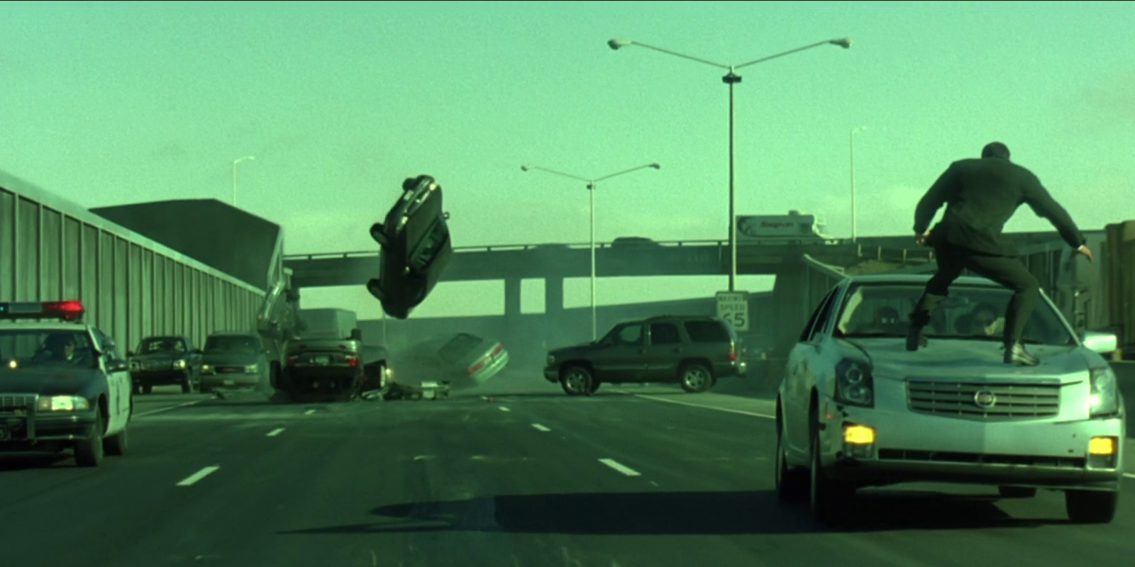 A car flips on the freeway from The Matrix Reloaded