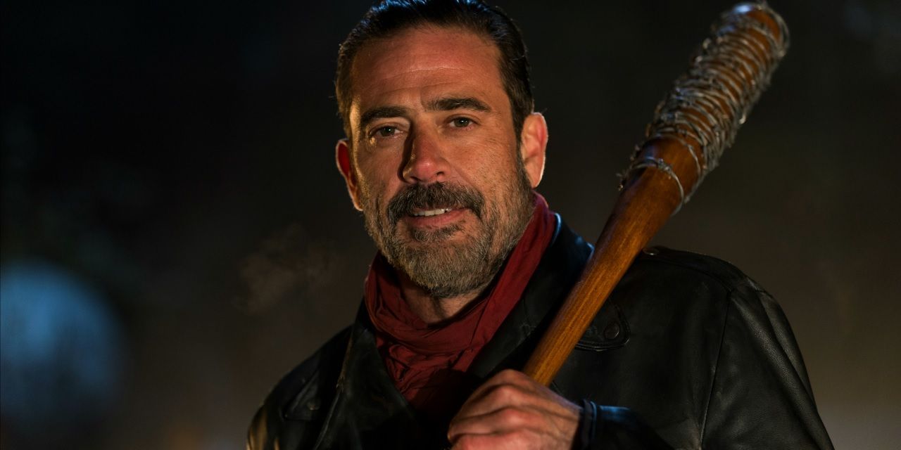 Negan posing with his bat Lucille in a scene from The Walking Dead.
