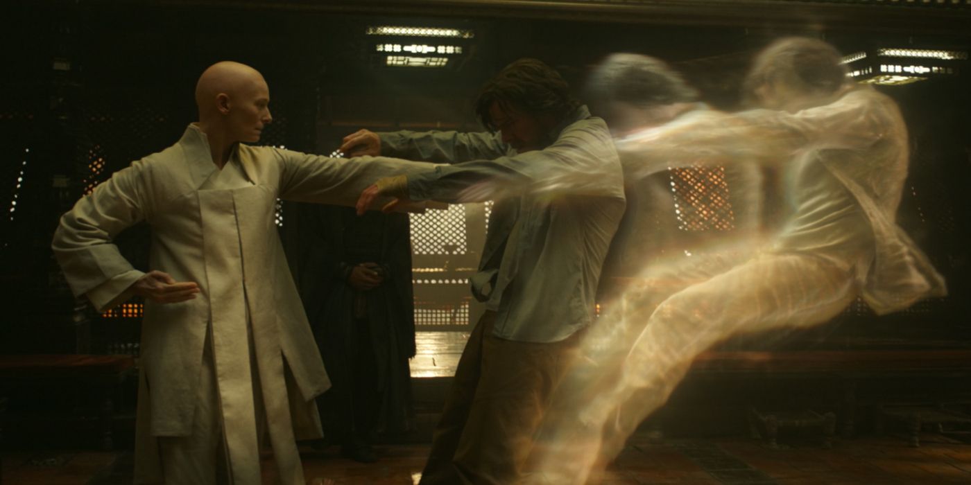 Tilda Swinton as The Ancient One pushing Doctor Strange