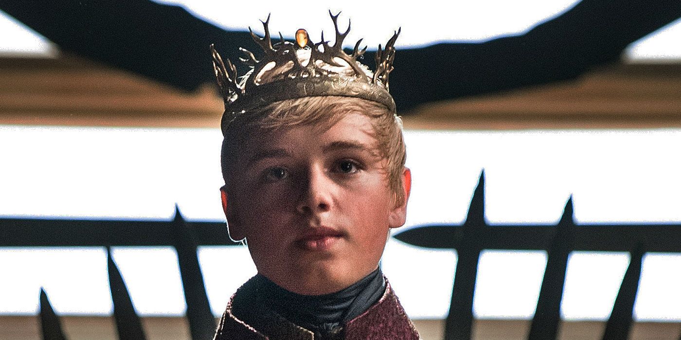 Tommen looking scared while wearing the crown in Game of Thrones