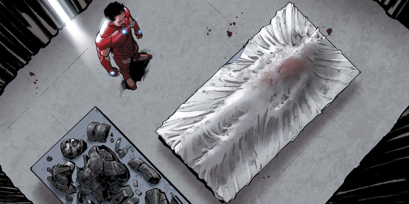Tony Stark views Rhodey's body in Civil War II #1