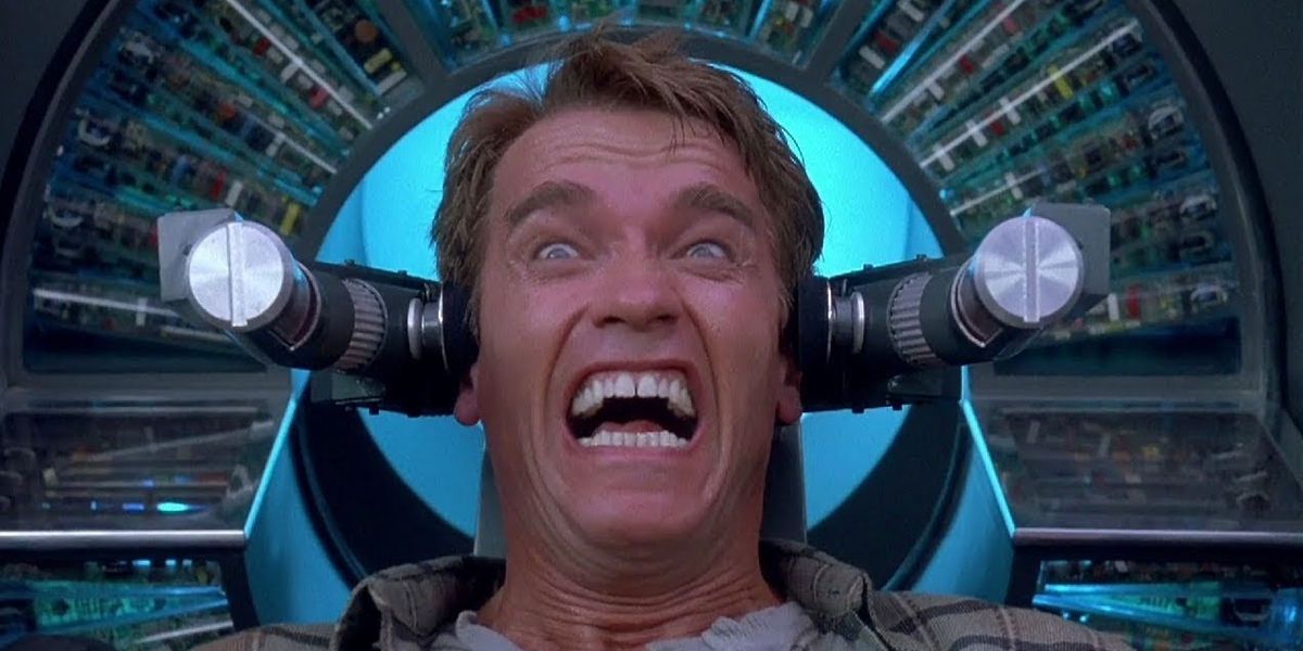 Arnold Schwarzenegger in the memory implant machine in Total Recall