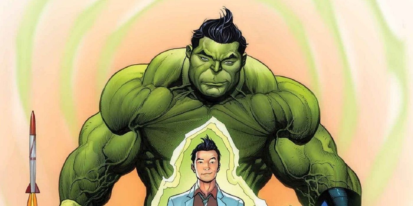 Amadeus Cho standing in front of a Hulk in the Marvel comics
