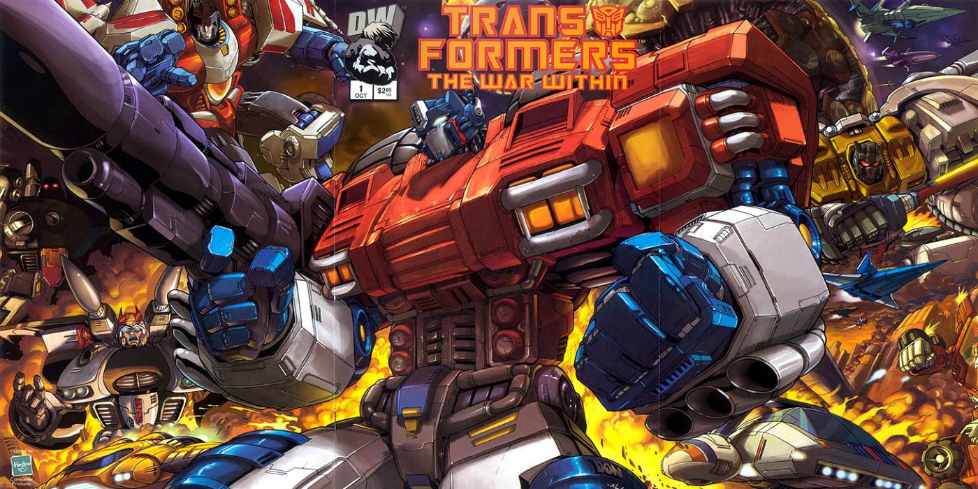 Optimus Prime is surrounding by robots in Transformers The War Within Comic.