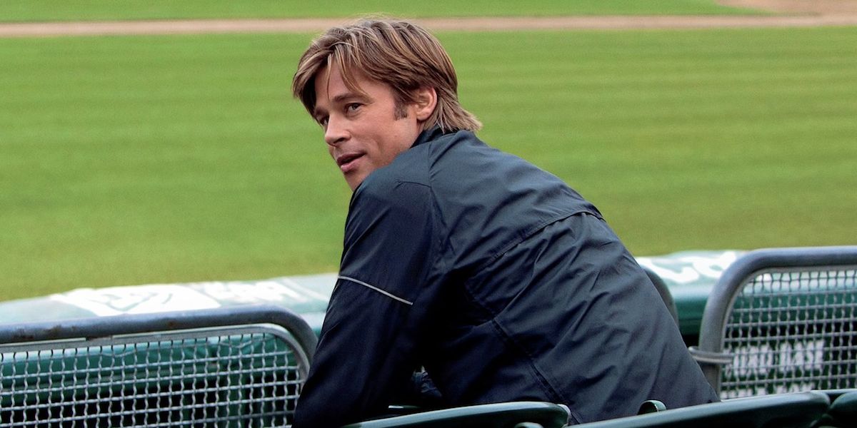 Brad Pitt Billy Beane sitting in baseball stands