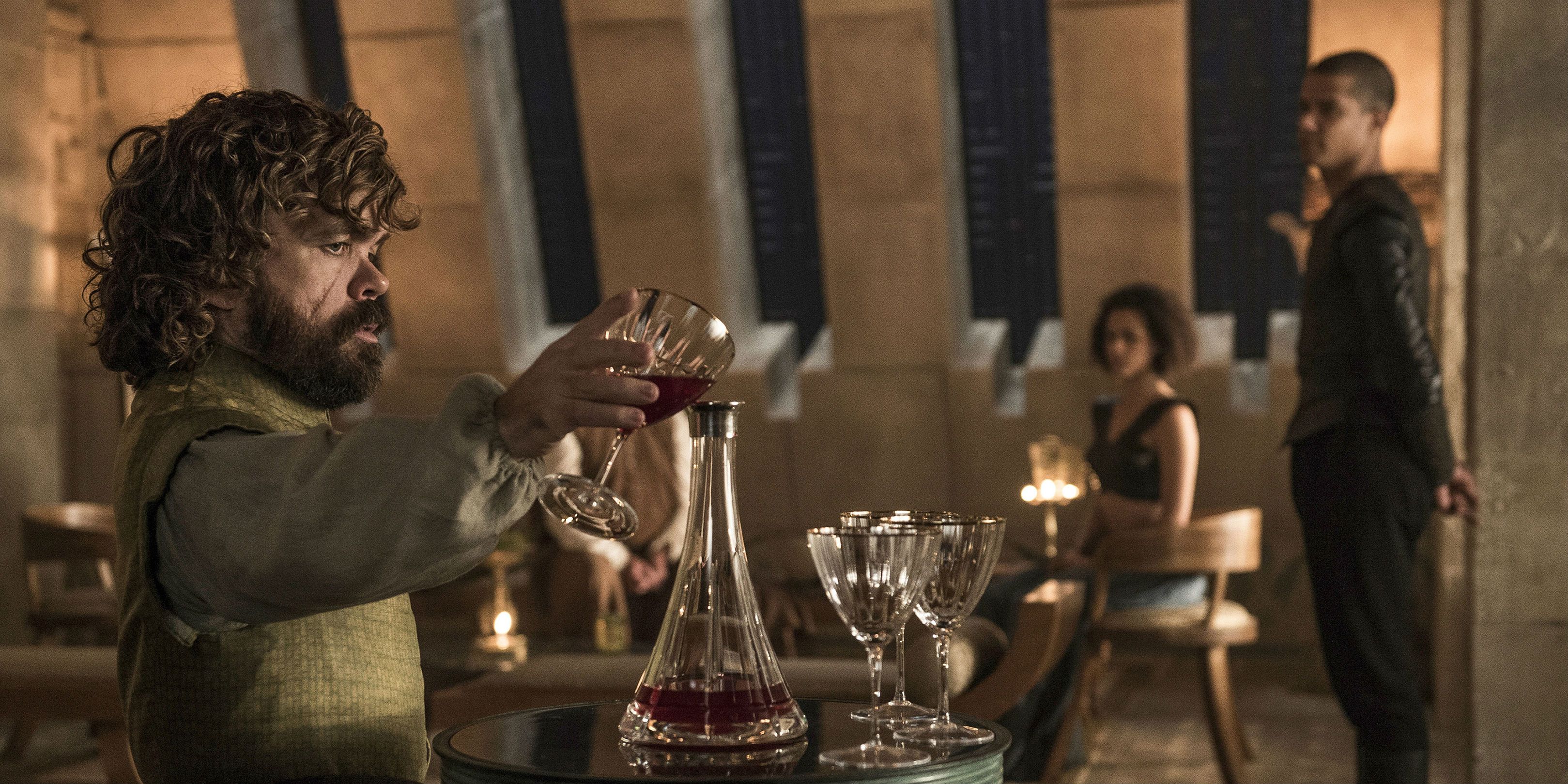 Tyrion pours wine with Missandei and Grey Worm in Game of Thrones