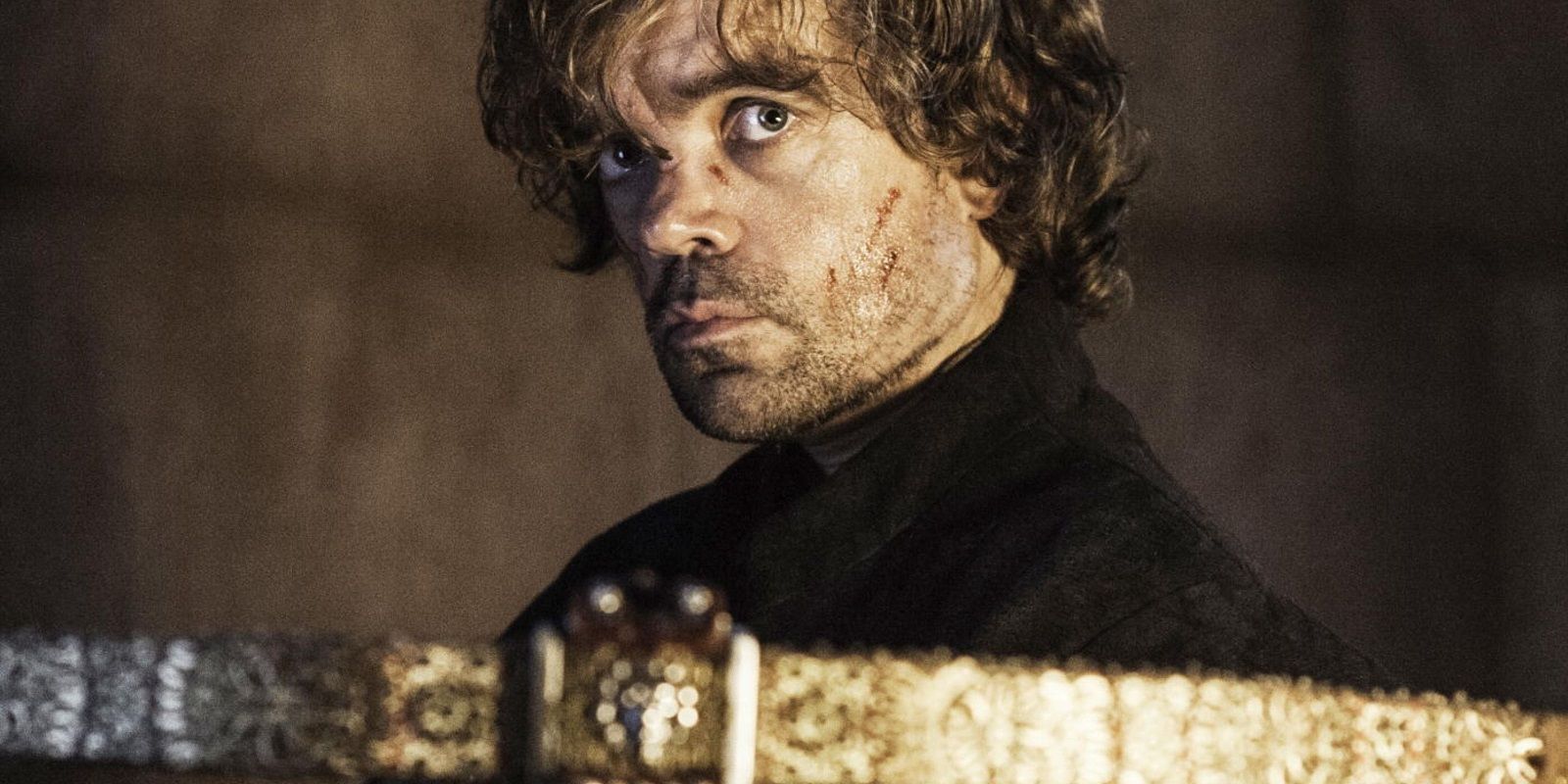 The Imp Tyrion Lannister played by Peter Dinklage killing his father Tywin with a crossbow on Game of Thrones