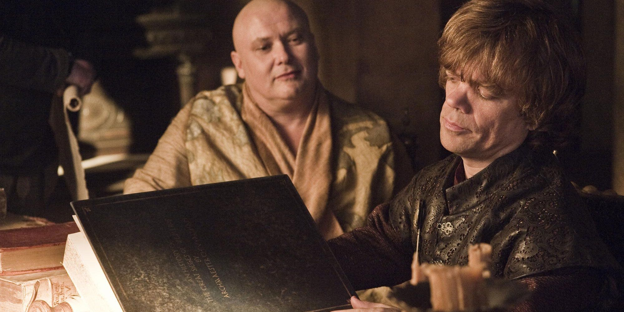 Tyrion Lannister reading a book with Varys