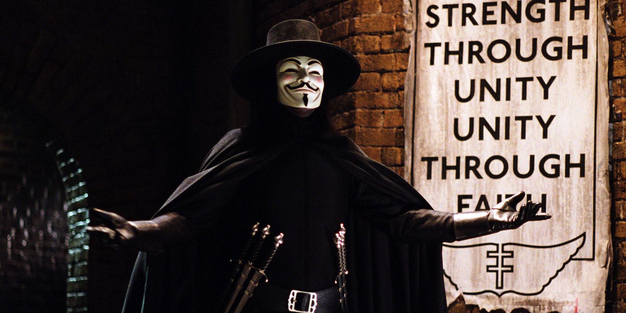 Guy Fawkes walks into the room in V For Vendetta 