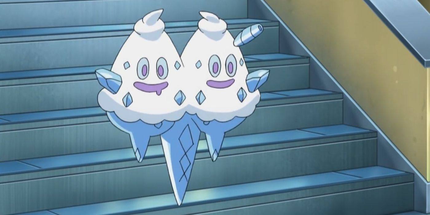 Vanilluxe floats down stairs in the Pokemon anime