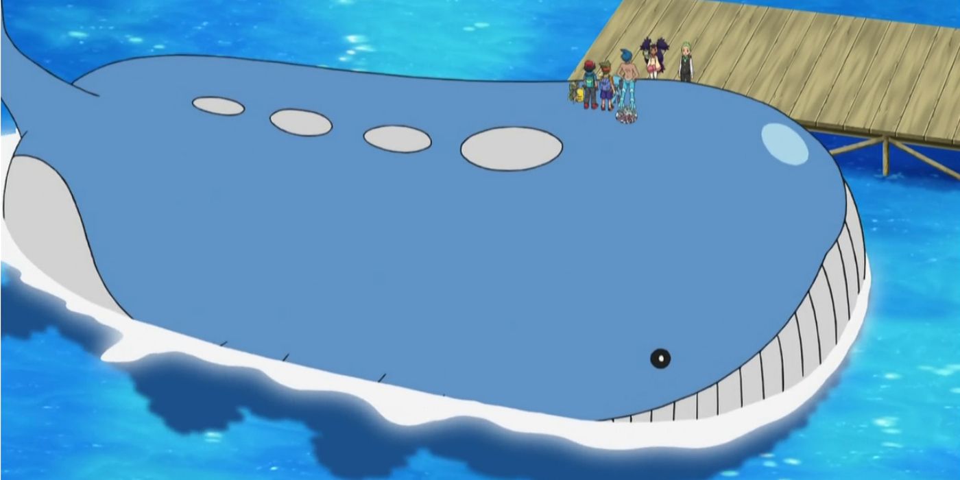 Wailord carrying the main cast on its body in the anime.