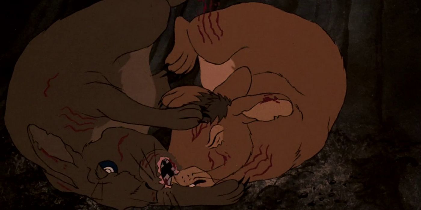 Woundwort and Bigwig fight in Watership Down.