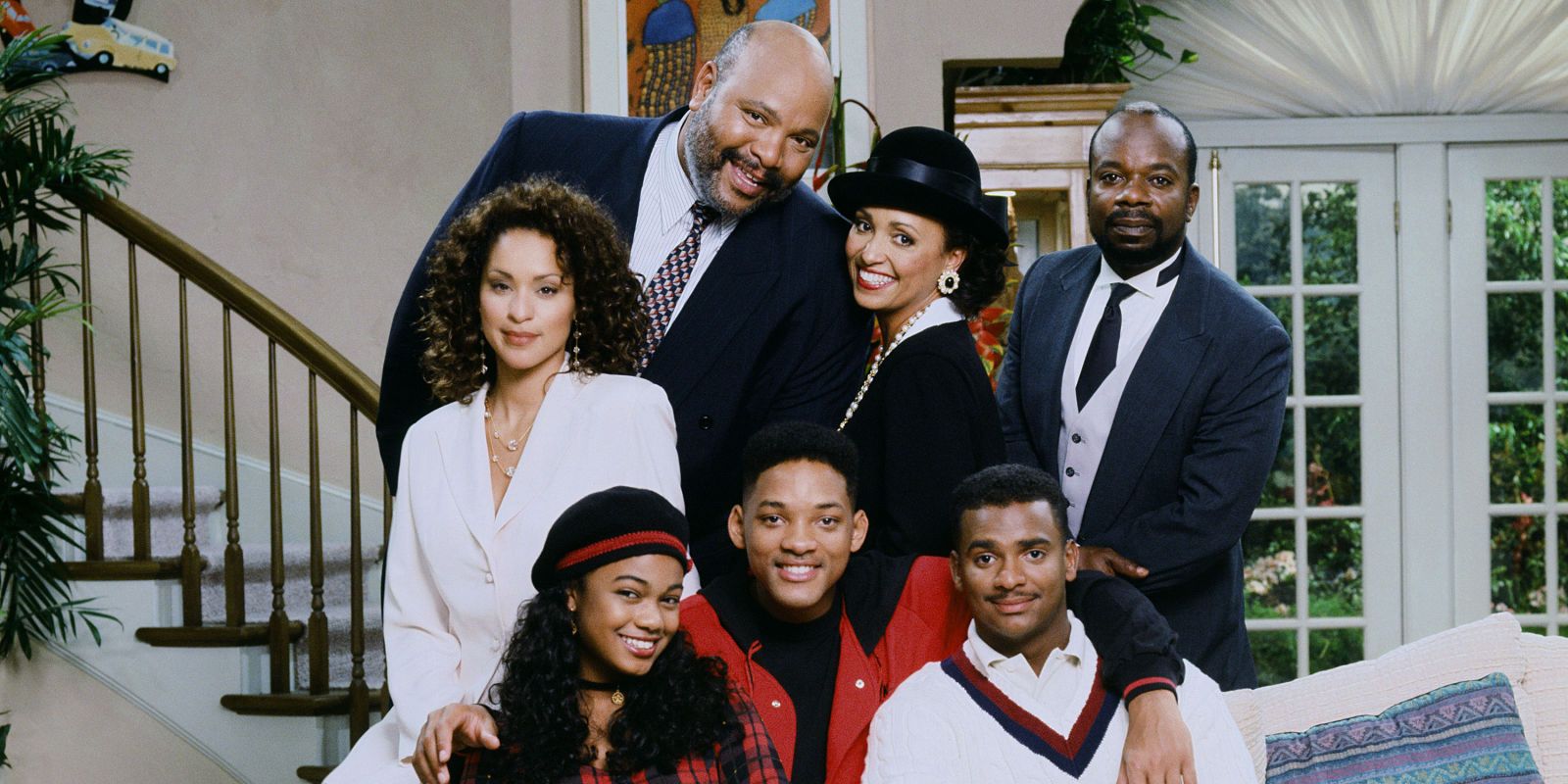 The cast in a group in the living room in The Fresh Prince of Bel Air