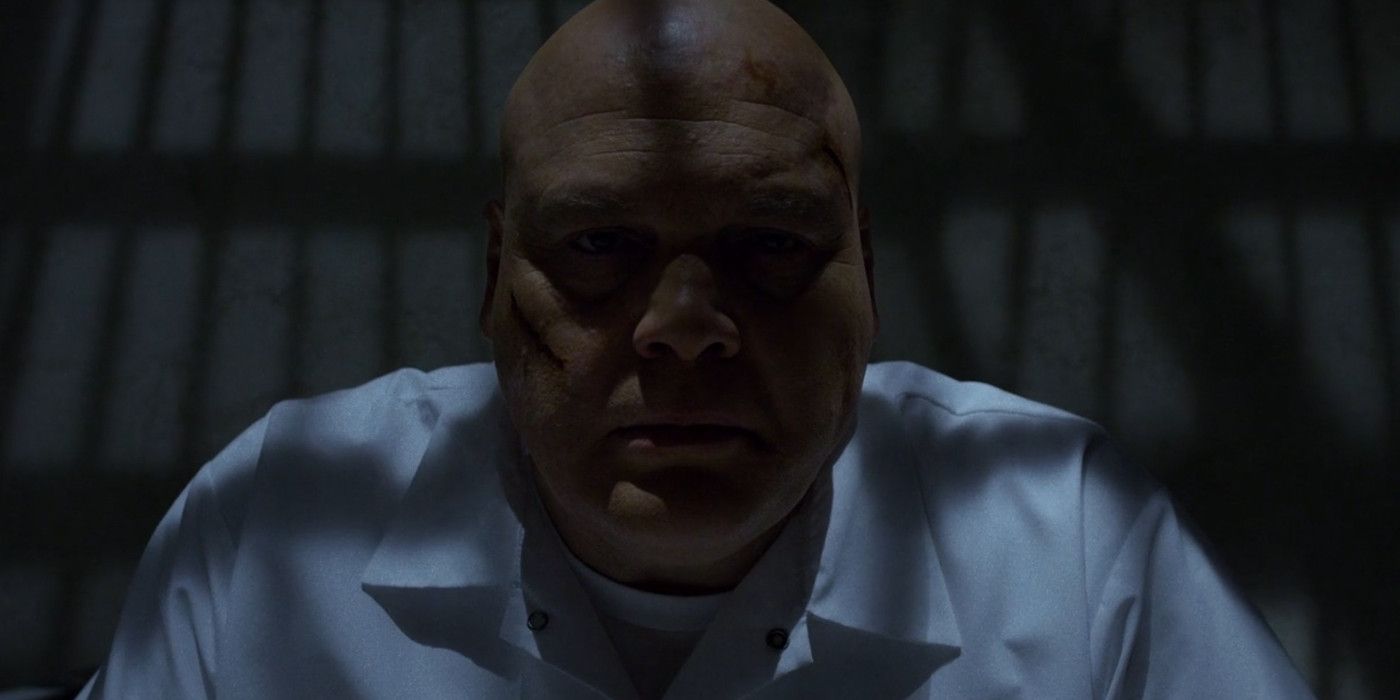 Vincent D'Onofrio as Wilson Fisk AKA Kingpin dressed in the classic white Kingpin outfit in Ryker's prison from Marvel Netflix Daredevil Season 2