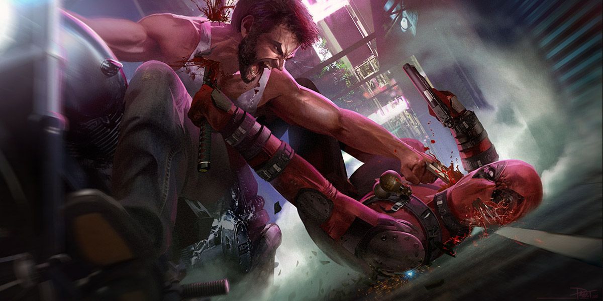Arte conceitual de videogame Wolverine vs Deadpool