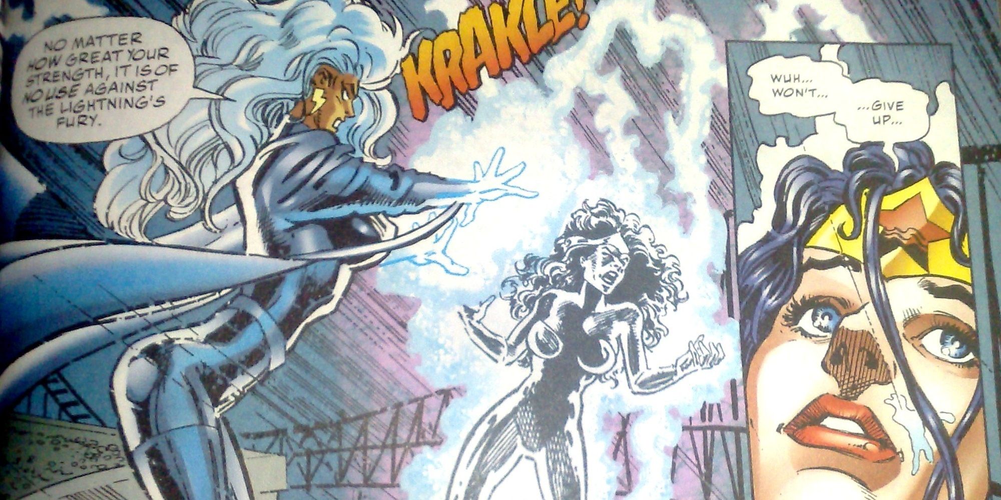 Wonder Woman being electrocuted by Storm