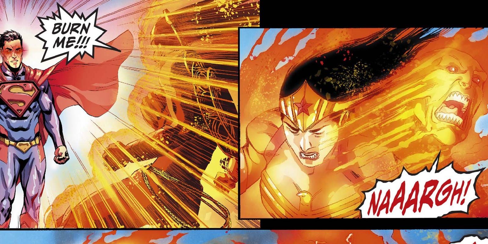 Wonder Woman lit on fire from Superman's heat vision