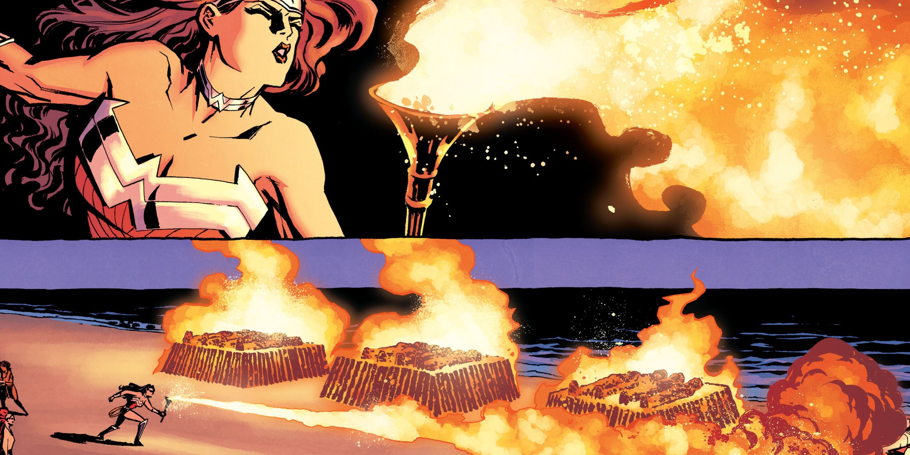 Wonder Woman using her super breath to blow fire
