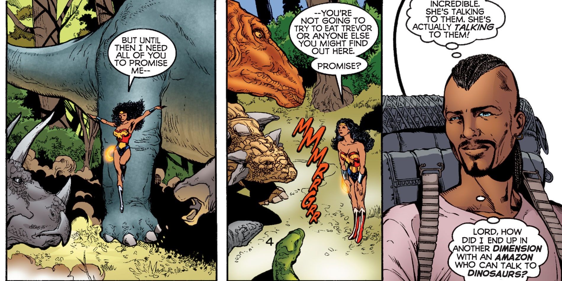 Wonder Woman talks to dinosaurs using her animal empathy