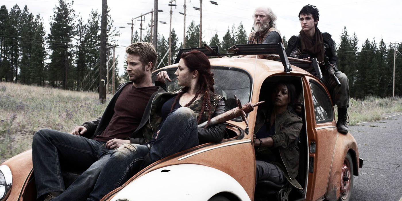 Mack, Addy, Warren, Doc, and 10K in and on a car in Z Nation