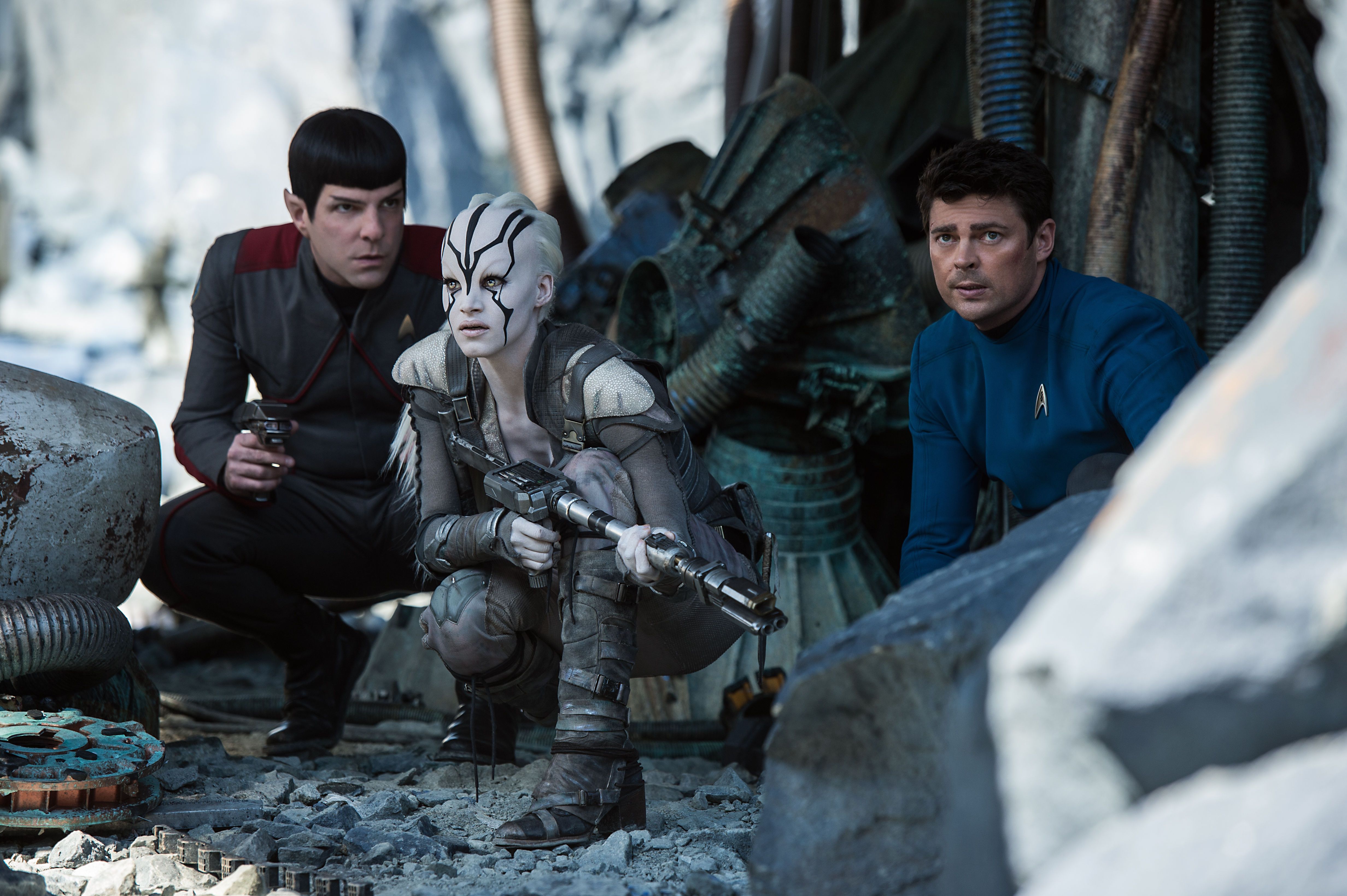 Zachary Quinto plays Spock, Sofia Boutella plays Jaylah and Karl Urban plays Bones in Star Trek Beyond