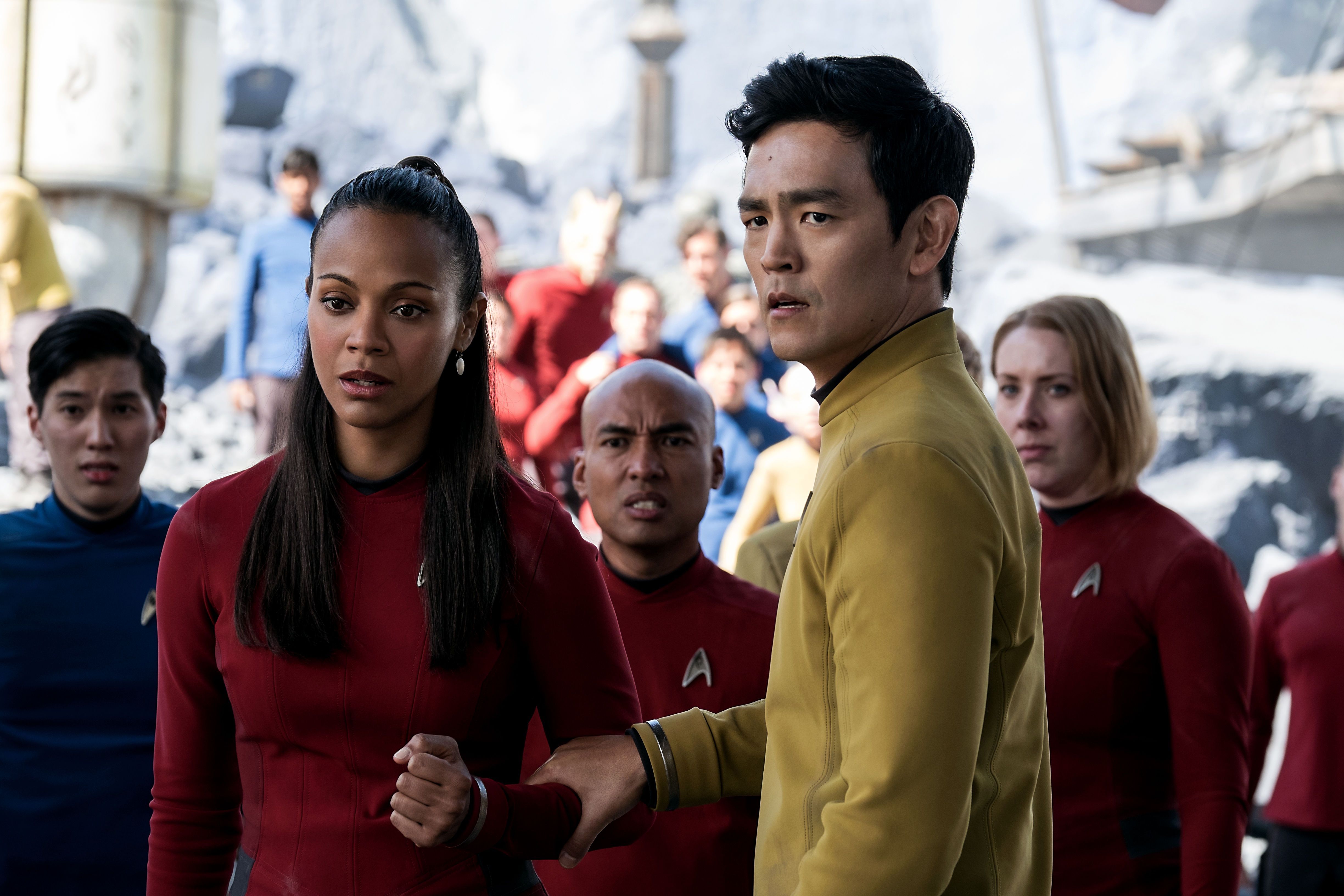 Zoe Saldana plays Uhura and John Cho plays Sulu in Star Trek Beyond