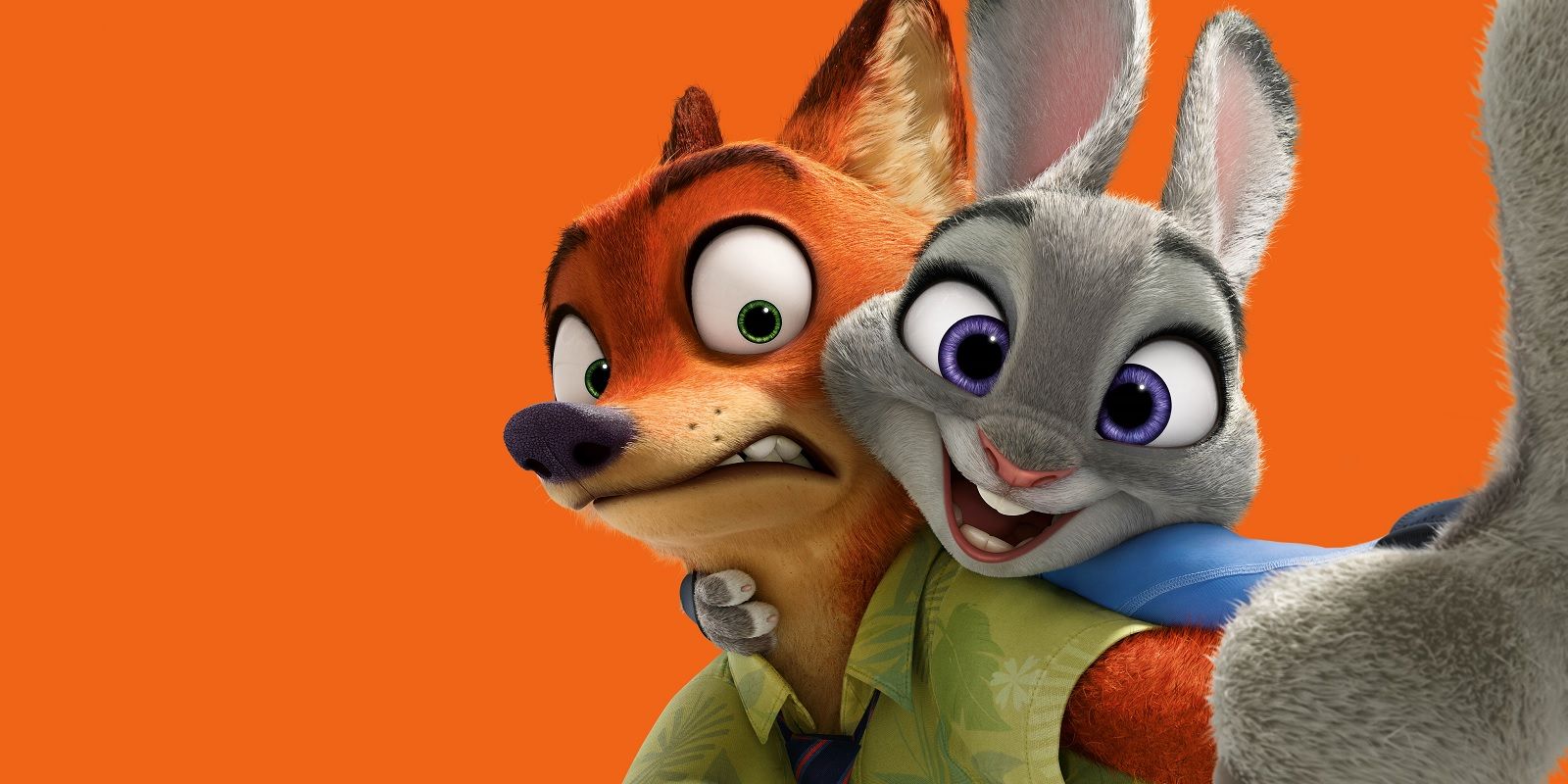 Nick e Judy tirando uma selfie contra um fundo laranja em Zootopia.