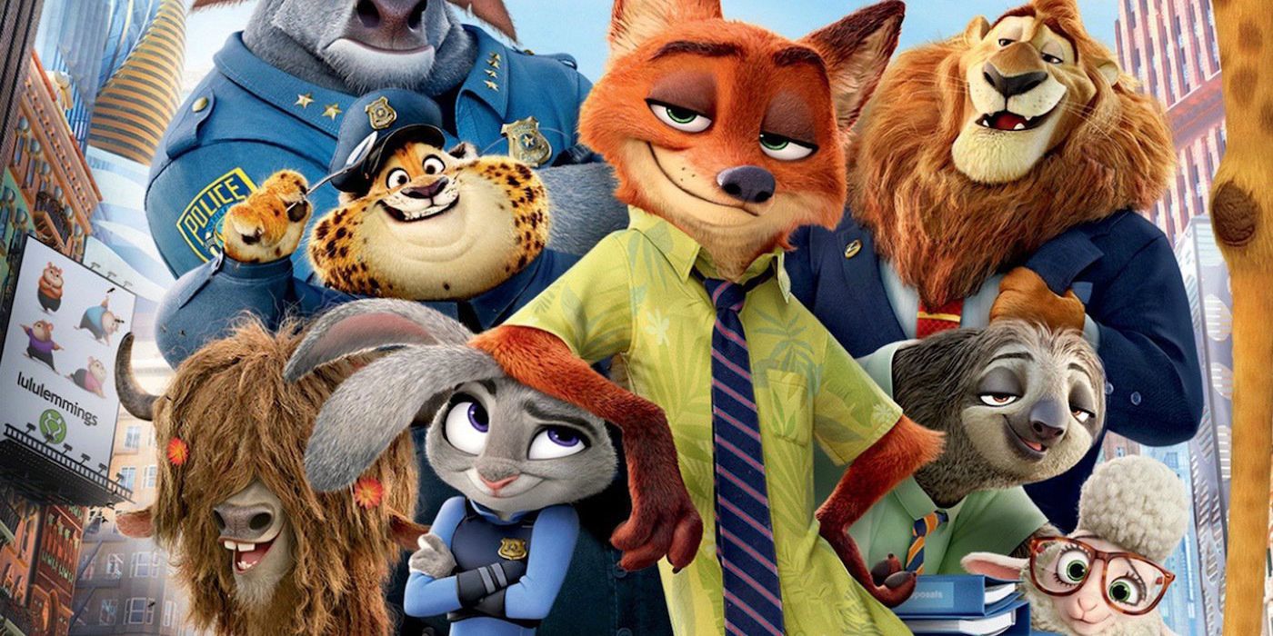 Nick and Judy standing with the cast of Zootopia