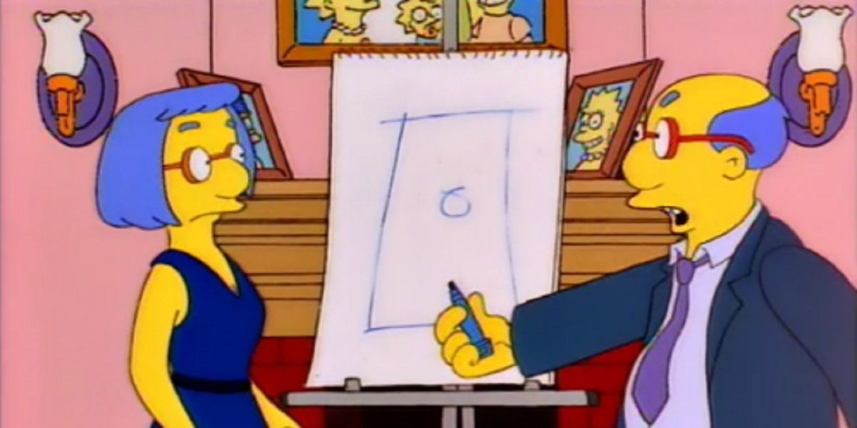 Kirk and Luann arguing in front of a drawing in The Simpsons.