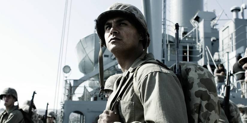 Adam Beach as Private First Class Ira Hayes on a Navy carrier ship in Flags of our Fathers