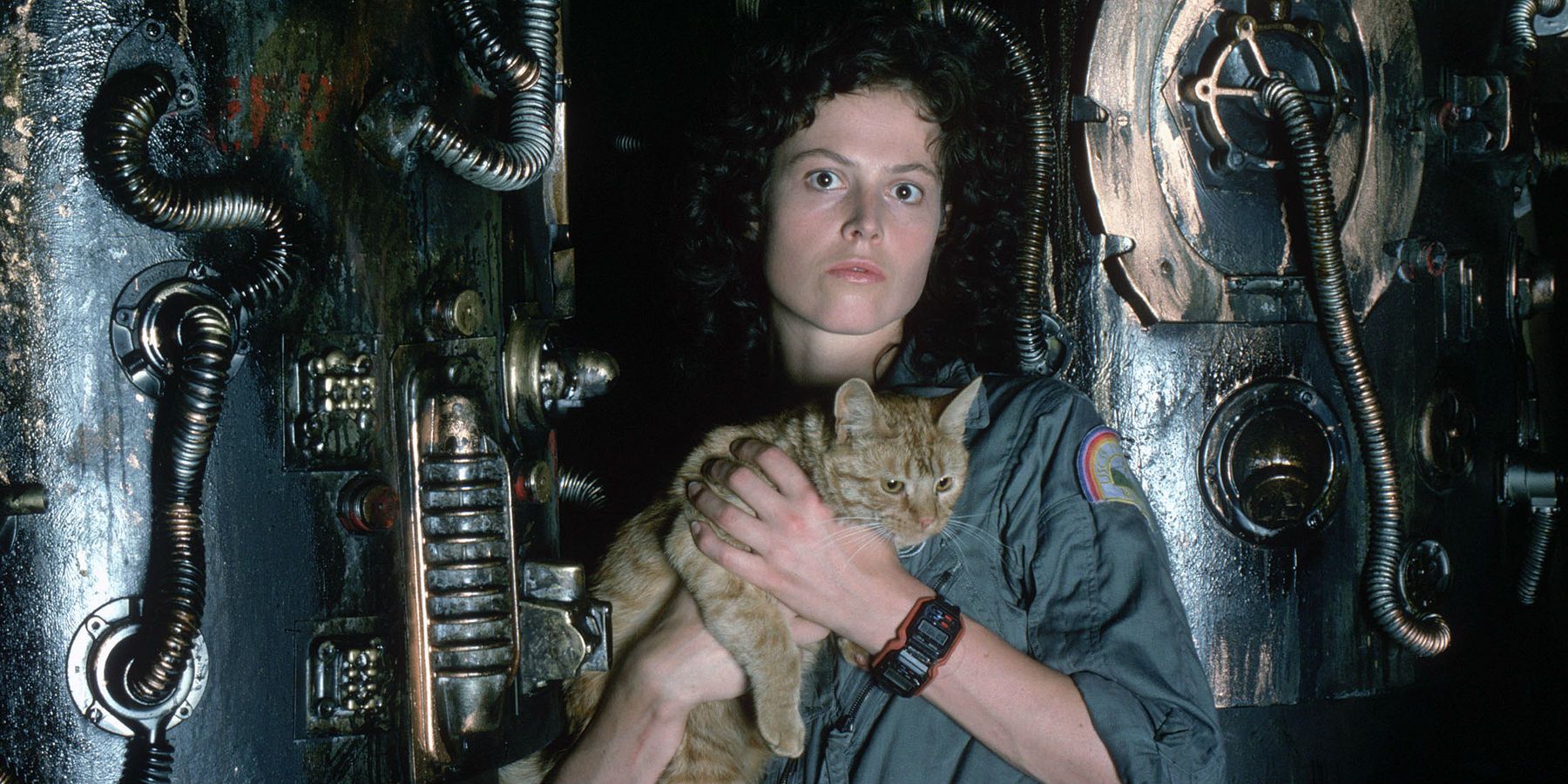 Sigourney Weaver como Ripley sosteniendo al gato Jonesy en Alien
