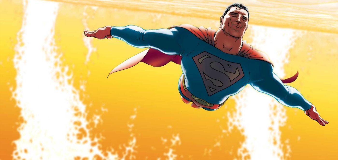 An image of Superman flying in the sky in the comics