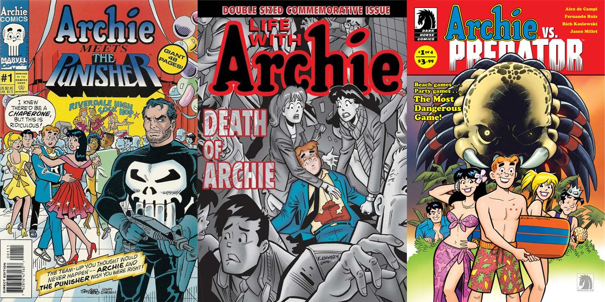 Split images of comic book overs of Archie and Predator crossovers