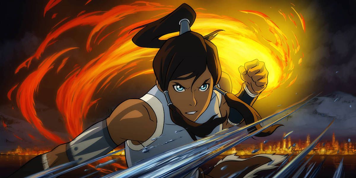 Korra against a skyline with fire behind her and ice in front on her in The Legend Of Korra