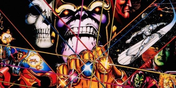 Thanos weilds the gauntlet in cover art for Infinity Gauntlet.