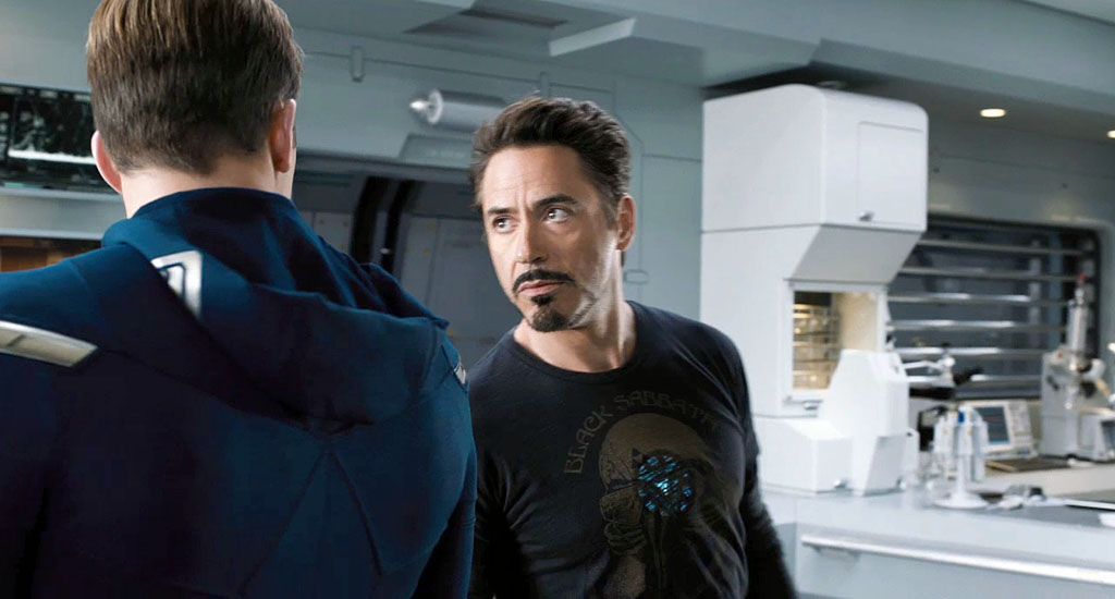 Tony Stark and Steve Rogers arguing in a scene from 'The Avengers'